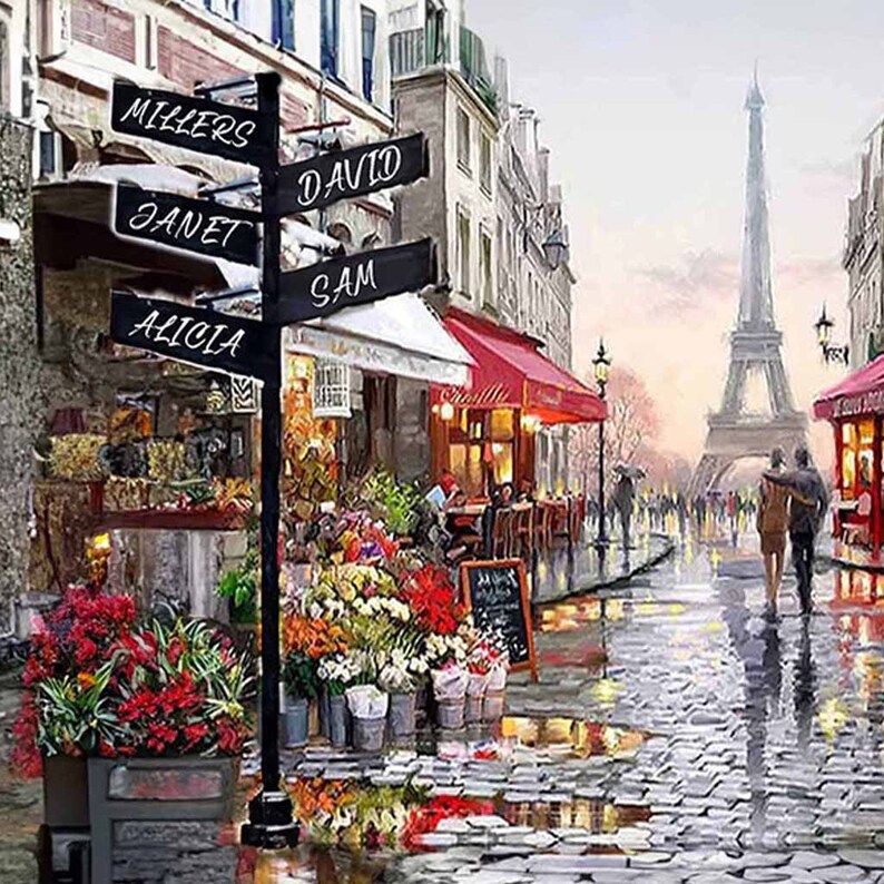 May include: A black signpost with white lettering pointing to different directions. The signpost is in front of a flower shop in a Parisian street scene. The signpost reads "Millers", "Janet", "Alicia", "Sam", and "David". The Eiffel Tower is in the background.