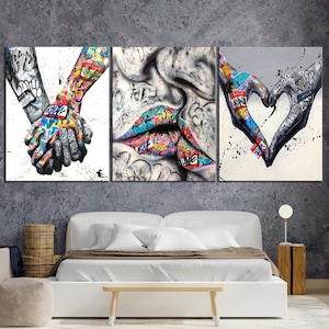 Banksy Set of 3 Canvas Print Urban Graffiti Print Street Art Modern Living Room Wall Decor Framed Love and Kissing Art