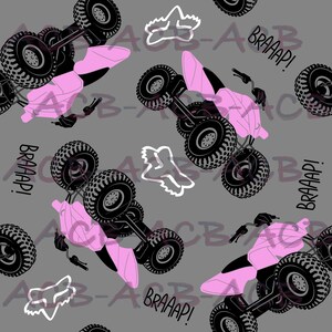 May include: A seamless pattern featuring pink and black ATV's on a gray background. The ATV's are in various positions, some are upside down, and some are right side up. The text "BRAAAP!" is repeated throughout the pattern.