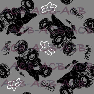 May include: A seamless pattern featuring black and white silhouettes of an ATV on a gray background. The ATV is shown in various positions, including upside down and on its side. The text "BRAAAP!" is repeated throughout the pattern.