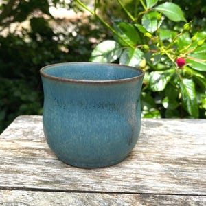 Ceramic mug without handle, hand-thrown bulbous blue (blue-green) 250ml, handmade stoneware coffee cup
