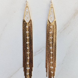 Gold Fringe Earrings - Long Gold Tassel Earrings - Statement Earrings - Herkimer Diamond Chain - Triangle Shaped Gold Jewelry