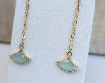 Long Gold Chain Aqua Chalcedony Fan Earrings, Dangle Gemstone Jewelry