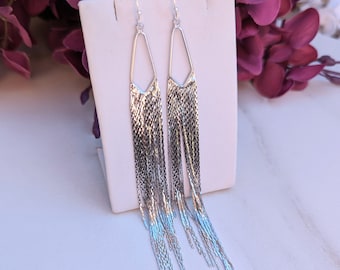 Silver Fringe Earrings, Long Silver Tassel Statement Earrings, Rhodium Plated Fringe, Triangle Shaped Gold Jewelry, Waterfall Cascade