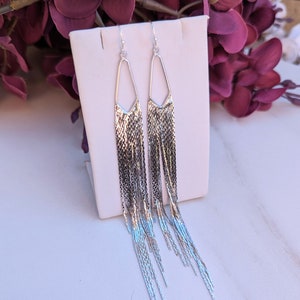 Silver Fringe Earrings, Long Silver Tassel Statement Earrings, Rhodium Plated Fringe, Triangle Shaped Gold Jewelry, Waterfall Cascade