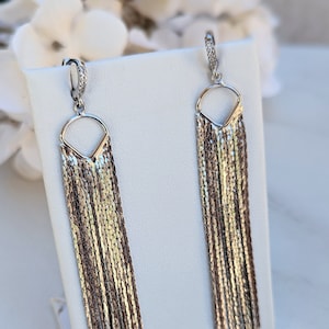 May include: A pair of silver dangle earrings with a chain fringe. The earrings have a small, open circle at the top and a long, cascading fringe of silver chains.