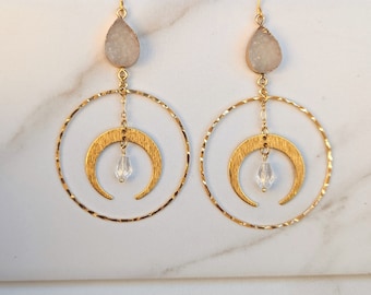 Gold Druzy Hoops w/ Crescent Moon & Crystal Quartz Wire Wrapped Bead, Handmade Celestial Earrings, Statement Earrings, Large Hoop Earrings