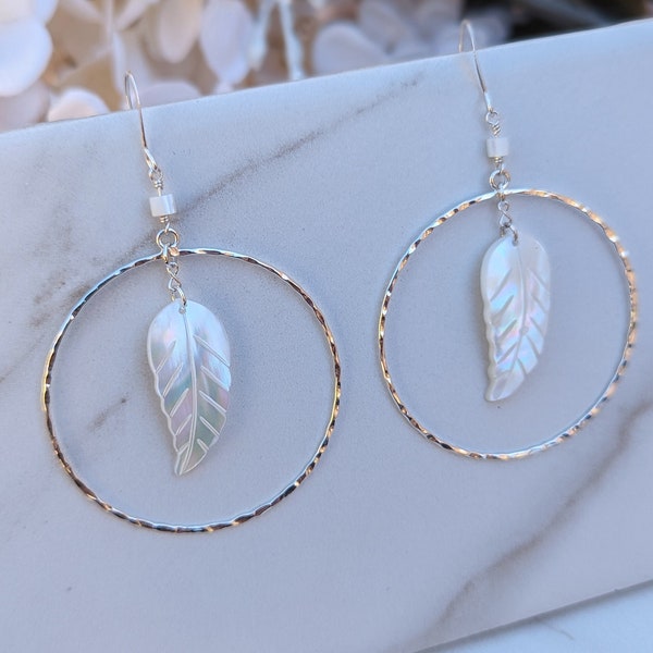 Silver Hoop Mother Of Pearl Feather Earrings, Mother of Pearl Hand Carved Feather, Large Silver Hoop Earrings, MOP Leaf, Statement Earrings