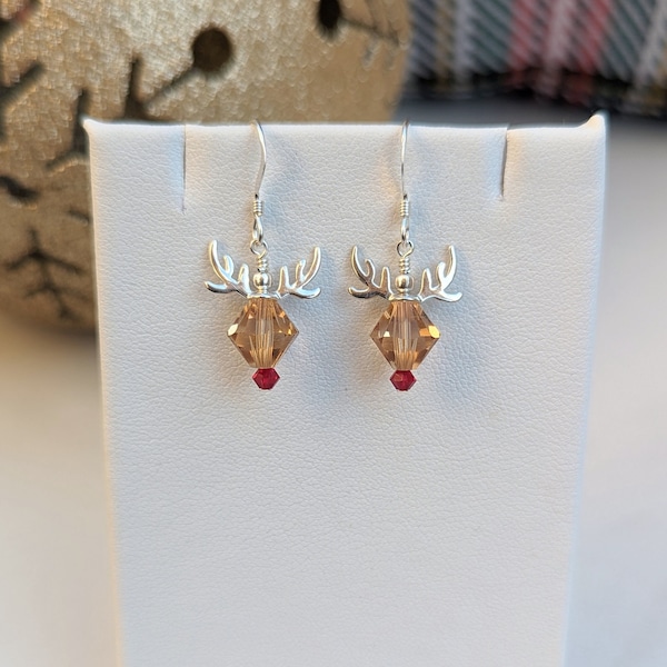 Sterling Silver Reindeer Earrings - Swarovski Crystals, Christmas Wire Wrapped Earrings, Red Nose Reindeer, Small Dangle Xmas Jewelry