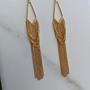Gold Ball Chain Tassel Earrings - Gold Fringe -  Tassel Charms – 18K Gold Plated Brass - Triangle Shaped Gold Jewelry