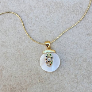 Mother of Pearl Gold Micro Pave Multi Color Evil Eye Charm Necklace on Gold Plated Beading Chain