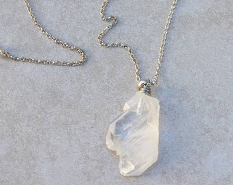 Long Silver Plated Chain Necklace with Quartz Pendant