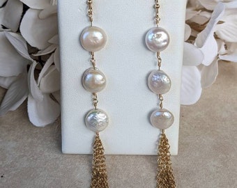 Freshwater Pearl Coins Wire Wrapped w/ Gold Chain Tassel and Gold Filled Ear WIres