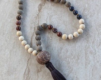 108 Bead Handmade Tibetan Style Mala W/ Tassel - Natural Wood, Gray Wood, Apple Jasper, Dumortierite and Orange Sodalite