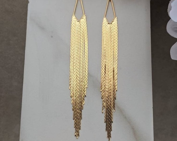 Gold Fringe Earrings Long Gold Tassel Earrings Statement Earrings 18k Gold Over Brass Fringe