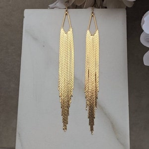 Gold Fringe Earrings - Long Gold Tassel Earrings - Statement Earrings - 18k Gold Over Brass Fringe Earrings - Triangle Shaped Gold Jewelry