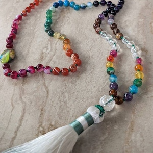 Rainbow Chakra Hand Knotted Mala - Gemstone Mala w/ Ombre Tassel - 108 Bead Mala - Multi Colored Agate - Natural Gemstone Mala - Meditation