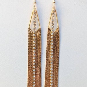 Gold Fringe Earrings - Long Gold Tassel Earrings - Statement Earrings - Rhinestone Chain - Xtra Long Fringe - Boho Dangle