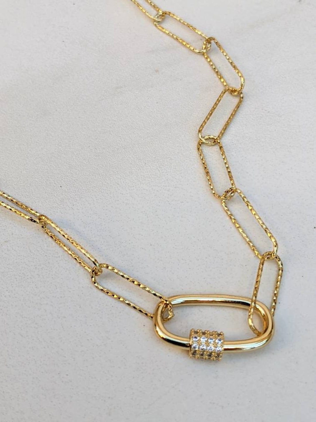 Gold Paperclip Necklace - Diamond Cut Link Chain - Gold CZ