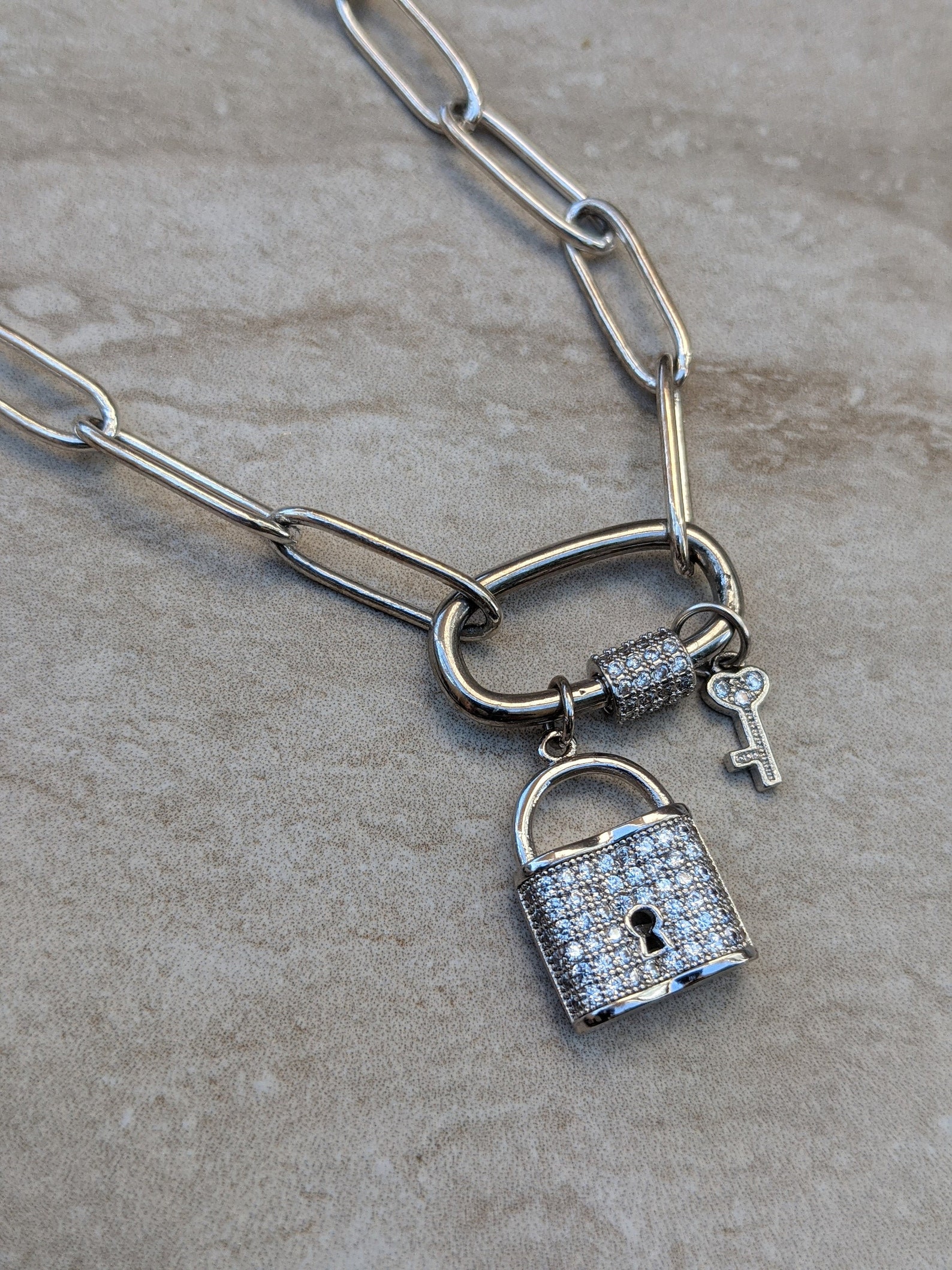 Paperclip Chain Necklace With Micro Pave Lock and Key Etsy