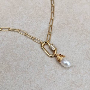 Paperclip Chain Necklace with Micropave Carabiner and Wire Wrapped Baroque Pearl