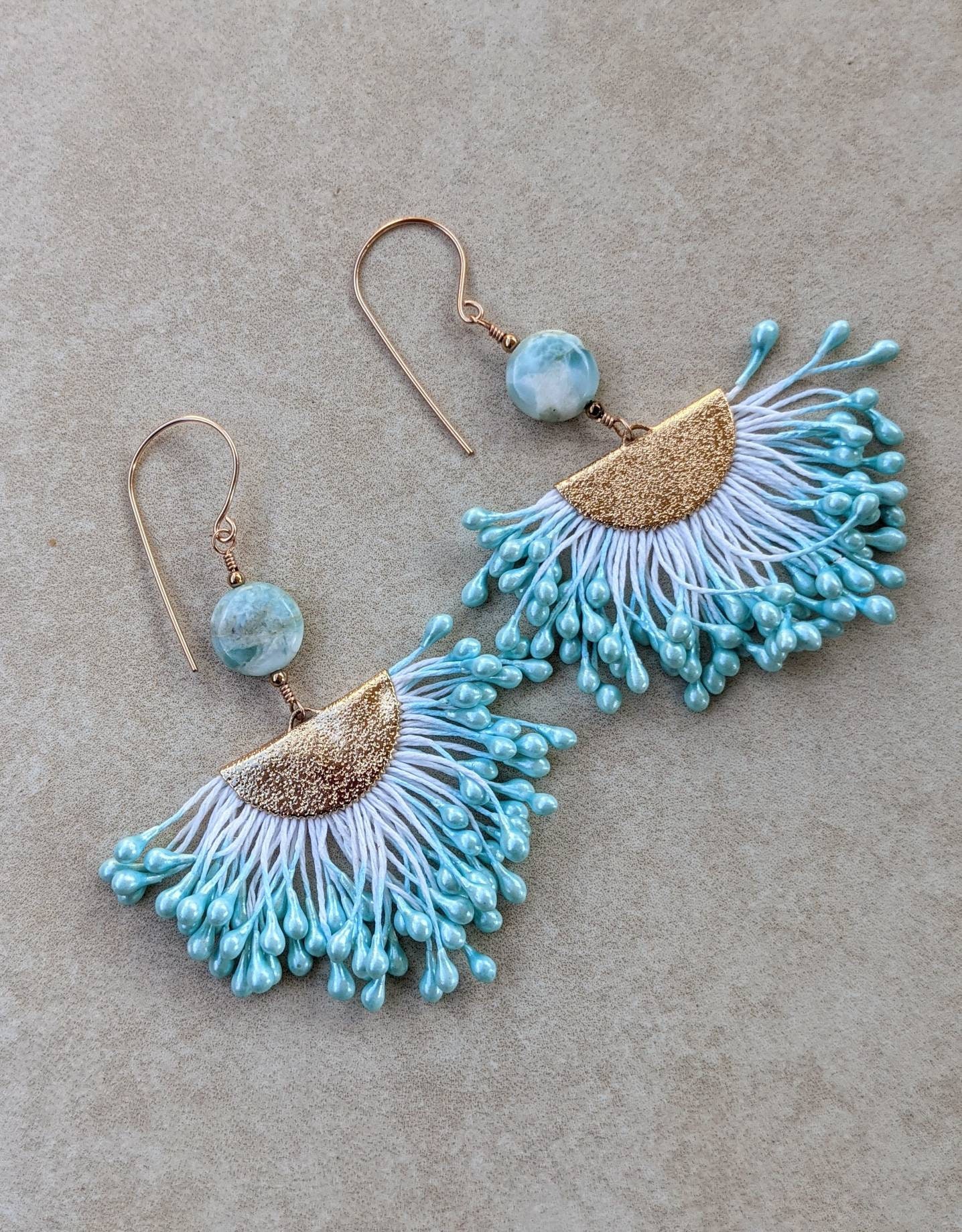 Gorgeous Larimar Coin and Rose Gold Fan Earrings