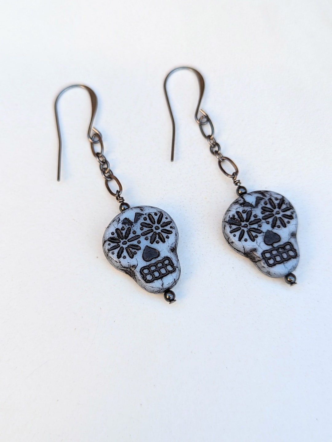 White Sugar Skull Long Dangle Earrings - Day of the Dead - Dia De Los ...