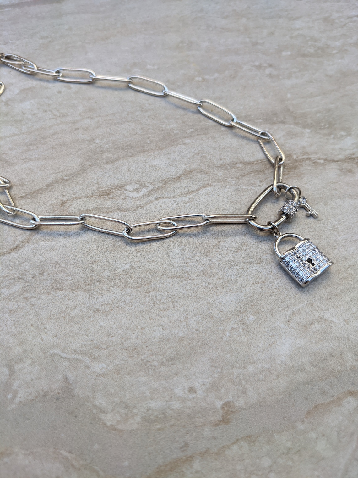 Paperclip Chain Necklace With Micro Pave Lock and Key Etsy