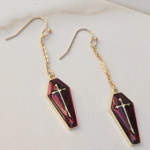 Coffin Earrings - Halloween Jewelry - Enamel Charm - Cross - Gold Dangle - Vampire - Gothic