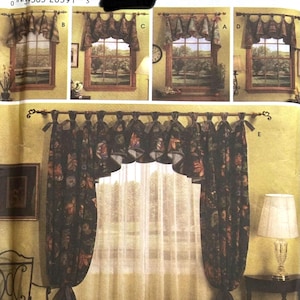 May include: A pattern for window treatments, showcasing different curtain and valance designs. The image displays various styles, including valances and full-length curtains with floral patterns. The text "Can Tops" and "Window Treatments" is visible.