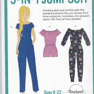 May include: A sewing pattern for a 3-in-1 jumpsuit. The pattern includes three variations: a jumpsuit, a playsuit, and a jumpsuit with long sleeves. The pattern is for sizes 8-22. The image shows illustrations of the different jumpsuit styles.