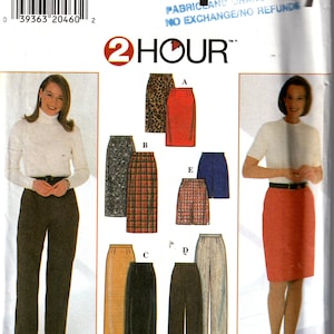May include: A sewing pattern for a skirt with five different styles. The pattern is from Simplicity and is for sizes 8, 10, 12, and 14. The pattern includes instructions for making a skirt with a leopard print, a red skirt, a plaid skirt, a black skirt, and a grey skirt.