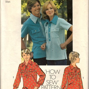 May include: Simplicity sewing pattern 6249, with illustrations of shirts. The pattern includes two figure types and eight sizes. The cover shows a man and woman wearing blue shirts and a red shirt with a floral pattern.