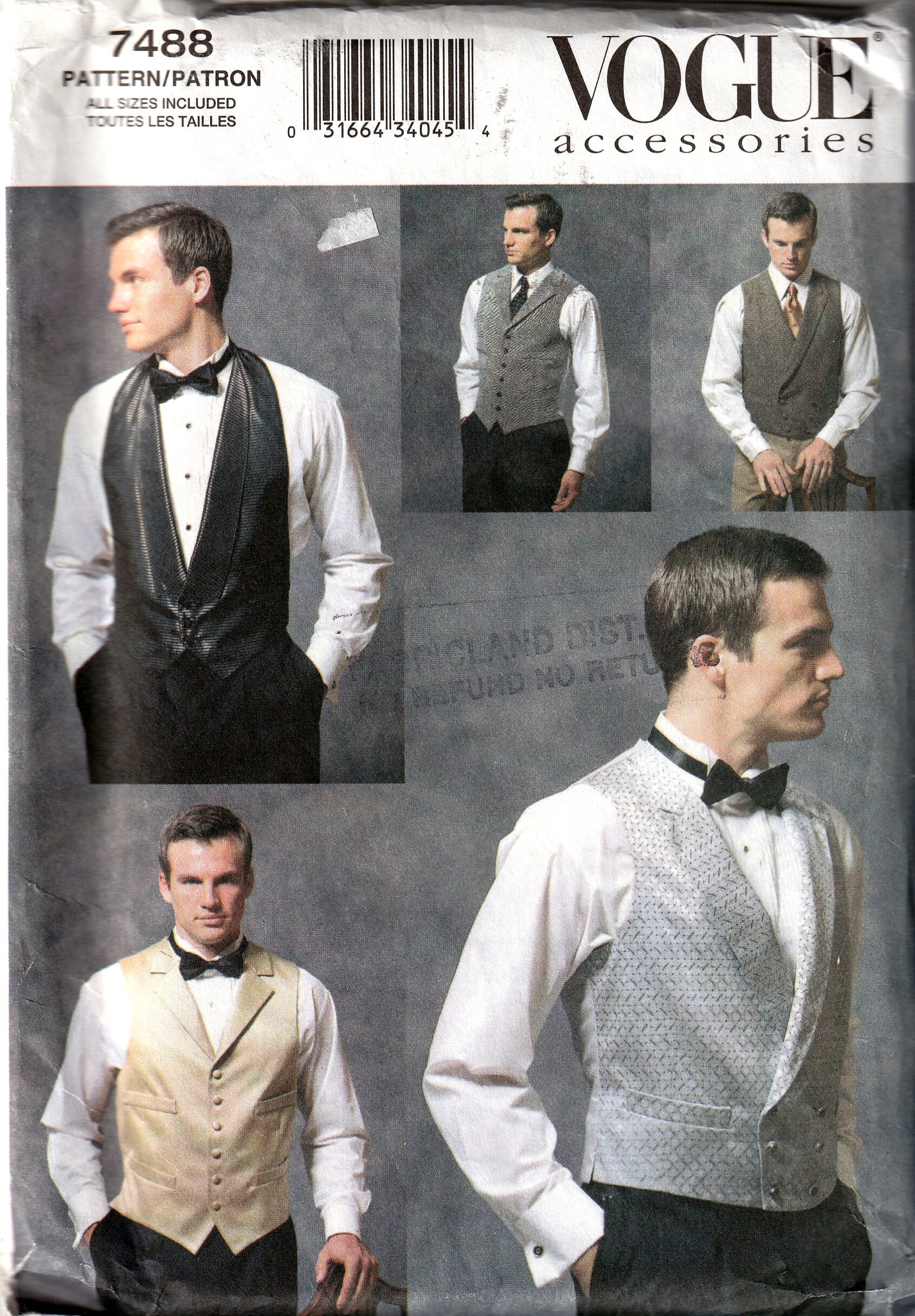 Free UK P&P Vogue-7488... Vogue Mens Sewing Pattern 7488 Smart Waistcoats