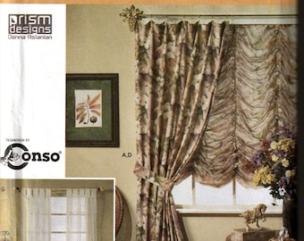 May include: A Simplicity Home window treatment pattern featuring two different window treatments. The first window treatment is a sheer curtain with a rod and finials. The second window treatment is a patterned curtain with a valance and tiebacks. The pattern is called "Prism Designs" by Donna Aslanian.