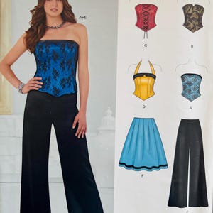 May include: A woman models a blue lace bustier top and black palazzo pants. The image is a sewing pattern from New Look, with additional design options including a red corset, a yellow halter top, and a blue skirt. The pattern number is 6242.