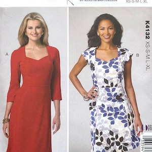 May include: Kwik Sew sewing pattern K4132 featuring two dresses. One dress is solid red with three-quarter sleeves. The other dress is white with a blue and black leaf pattern and cap sleeves. The pattern includes sizes XS-XL.