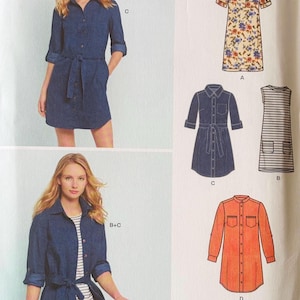 Könnte beinhalten: Ein New Look Schnittmusterumschlag K6443 mit vier Kleiderdesigns. Die Abbildungen zeigen ein Kleid mit Blumenmuster, ein ärmelloses gestreiftes Kleid, ein dunkelblaues Jeans-Hemdkleid mit Bindegürtel und ein orangefarbenes Langarm-Hemdkleid.