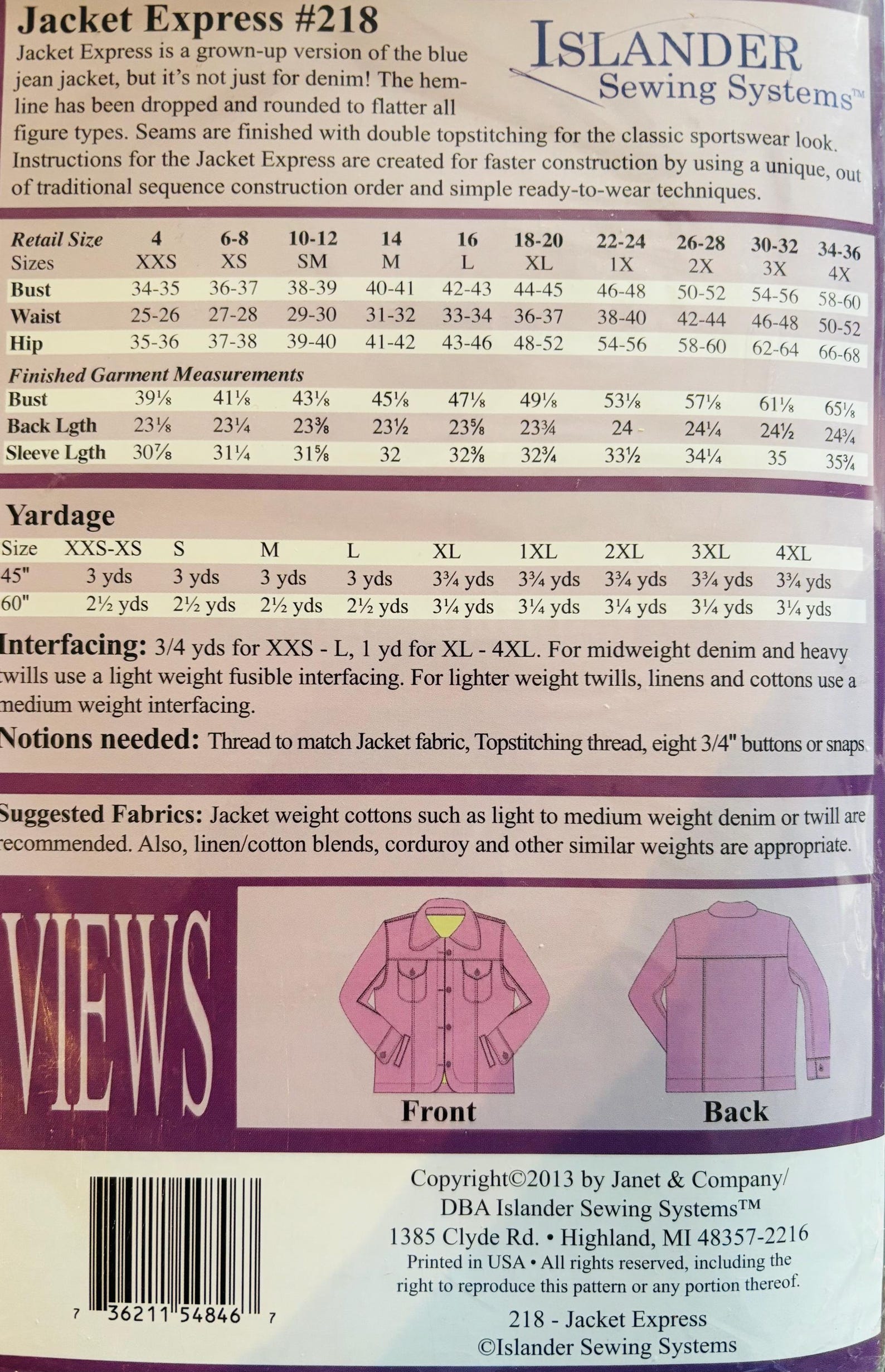 Side Pattern Islander Sewing Pattern Islander Sewing Systems Women’s Jacket Express #218 ...