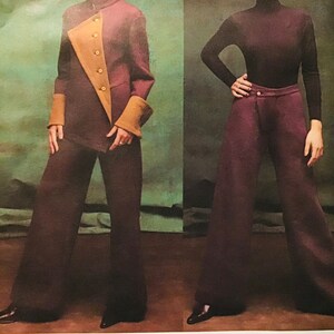 May include: A fashion design pattern featuring two models wearing different outfits. The model on the left is wearing a brown and tan jacket with a brown turtleneck and wide-legged trousers. The model on the right is wearing a black turtleneck and wide-legged trousers with a brown belt. The pattern is for a design by Issey Miyake.