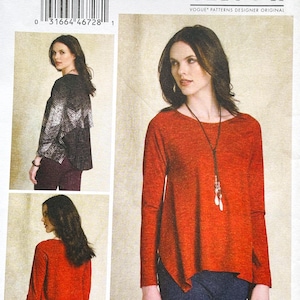 Może przedstawiać: Oryginalny wzór krawiecki Vogue Patterns V9207. Wzór przedstawia top z długim rękawem z unikalnym asymetrycznym dołem. Obraz przedstawia top w żywym czerwonym kolorze, z dodatkowymi widokami w czarno-białej wzorzystej tkaninie.
