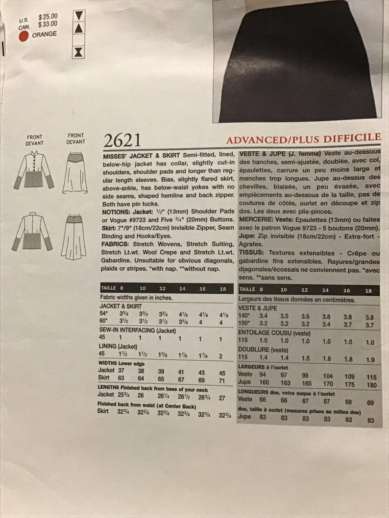 Sewing Pattern DKNY Vogue 2621 Women's Semi-fitted Lined Jacket & Skirt ...