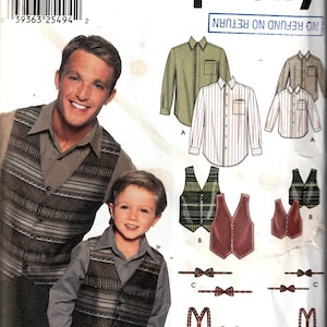 May include: Simplicity sewing pattern number 7030 for a waistcoat and shirt. The pattern includes instructions for making a waistcoat and shirt for both adults and children. The pattern also includes instructions for making a bow tie and braces.