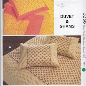 May include: A sewing pattern for a duvet and shams set. The pattern features two different fabric designs: one with yellow fabric and small orange polka dots, and another with a floral pattern in red and cream.