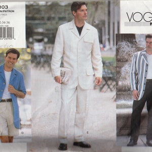 May include: Vogue Men's sewing pattern showing different men's suit designs. The pattern includes a cream-coloured suit, a blue short-sleeved jacket with shorts, and a striped blazer with dark trousers. The pattern size is 32-36.