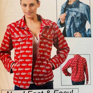 May include: A sewing pattern for a red jacket with a white car pattern. The image shows a woman wearing the jacket, along with a denim jacket and a back view of the red jacket. The text reads "New! Fast & Easy!" and "Jacket Express #218".