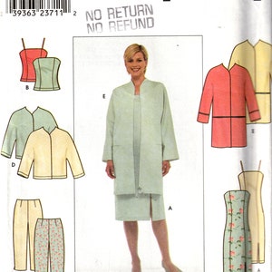 May include: A sewing pattern for a dress, jacket and trousers. The pattern includes a dress with a side slit, a jacket with a mandarin collar and trousers with a floral print. The pattern is for sizes 12, 14, 16 and 18. The pattern is from Simplicity and has the number 9067.