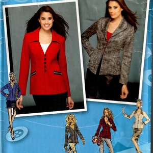 May include: A sewing pattern for a blazer with a red, gray, and black color scheme. The pattern is from Simplicity and is inspired by Project Runway. The pattern number is 1781 and the sizes are US 14-22, Euro 40-48, and French 42-50.