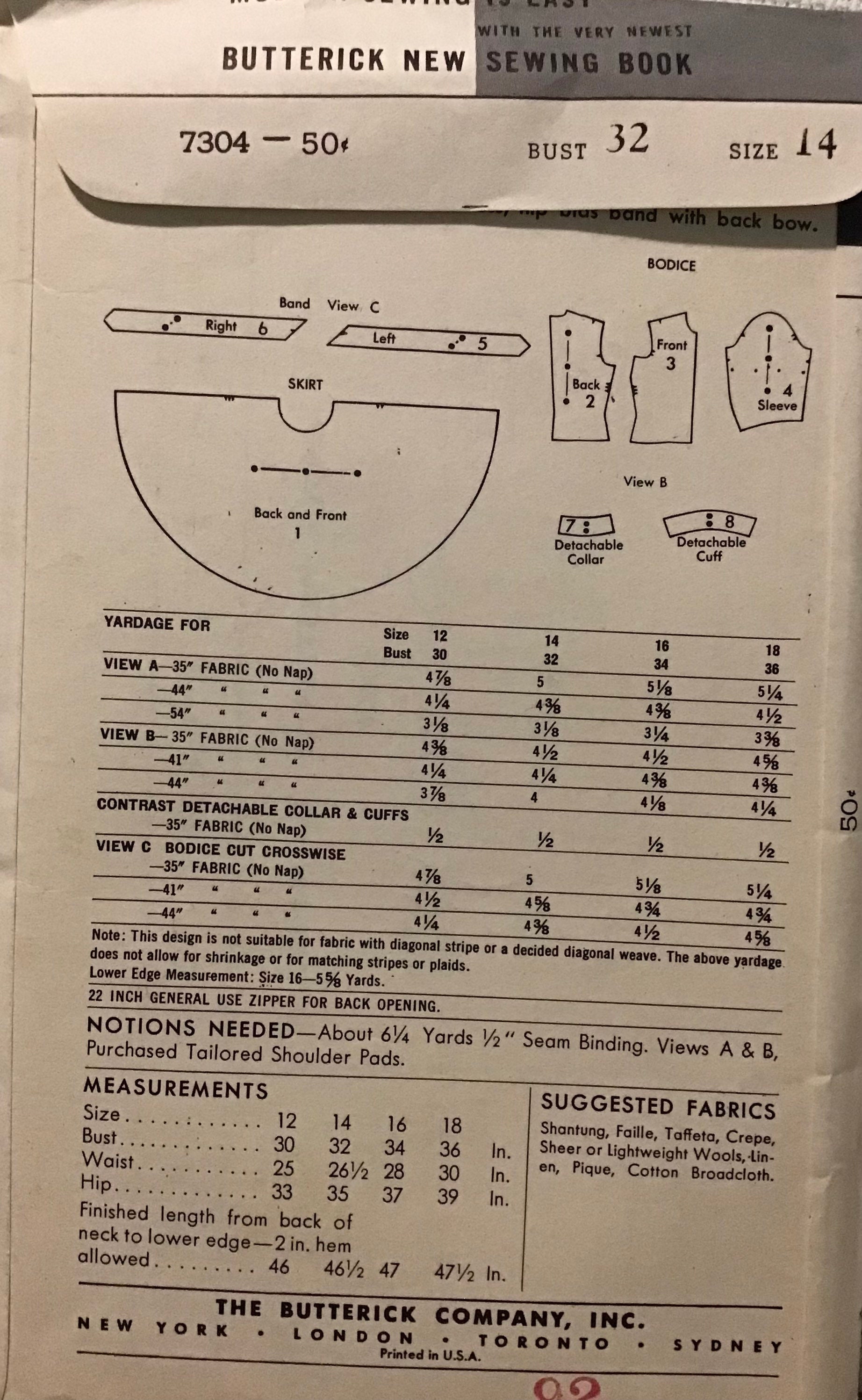 Sewing Pattern Butterick 7304 Women’s Flared Dress - Size 14 Bust 32 ...