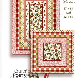 Puede incluir: Un patrón de acolchado para una colcha "Garden Picnic", con un diseño floral rojo, verde y blanco. El patrón incluye dos tamaños: 57 pulgadas por 81 pulgadas y 52 pulgadas por 52 pulgadas. El patrón es de Jane Spolar.